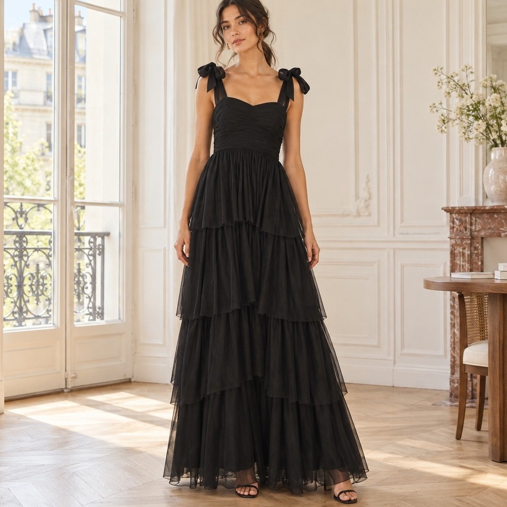 Fame and Partners Black Tiered Tulle Maxi Gown Tie Strap Bow Dress Size 6
